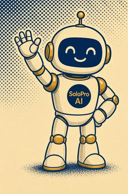 Pip, the SoloPro AI robot mascot, waving hello in a navy and gold screenprint style